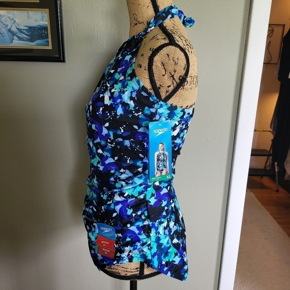 Speedo High Neck Keyhole Blue Floral NWT XL - Picture 3 of 6